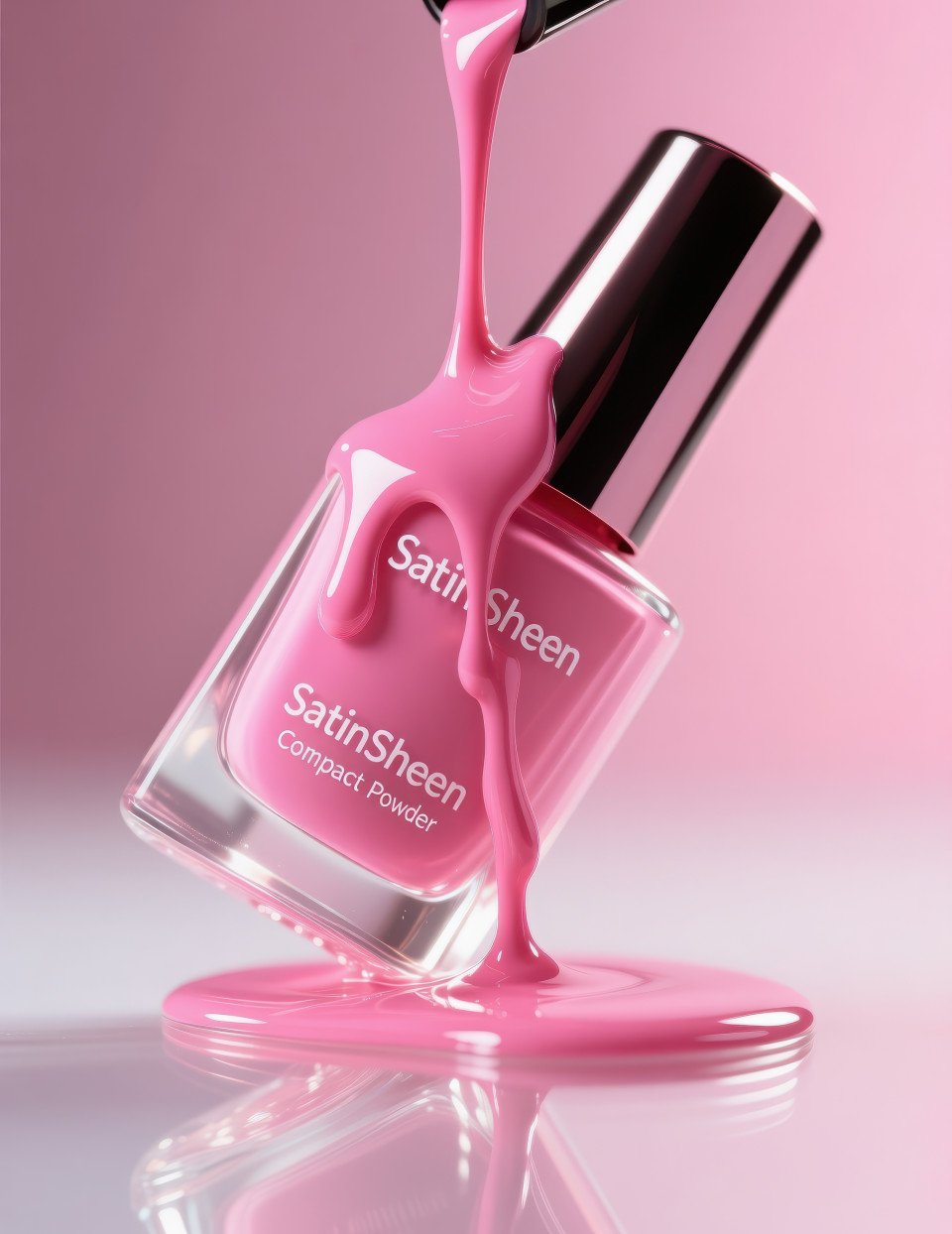Glossy nail polish bottle tilted mid pour with pink lacquer dripping on glass