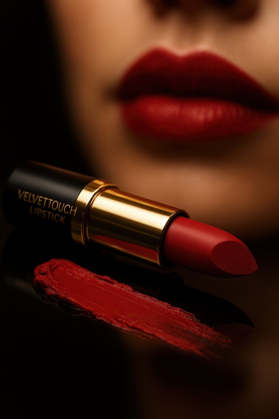 Red velvet matte lipstick on glossy black surface with creamy smudge and blurred lips in background