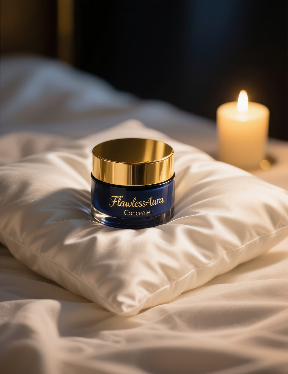 Luxury night cream jar on satin pillow glowing in soft candlelight