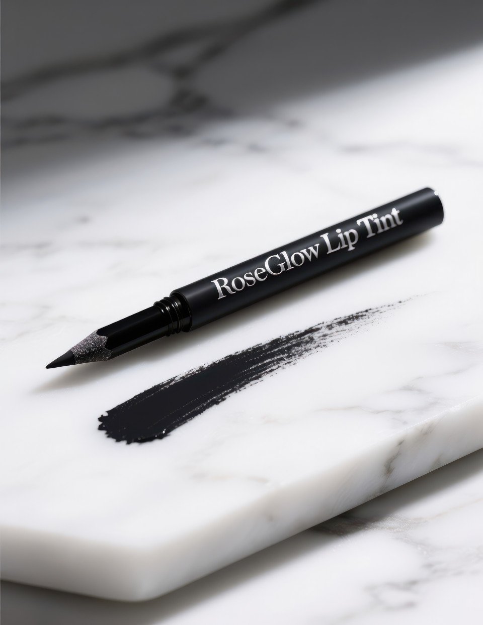 Black eyeliner pencil with sharp tip beside smooth curved stroke on marble slab