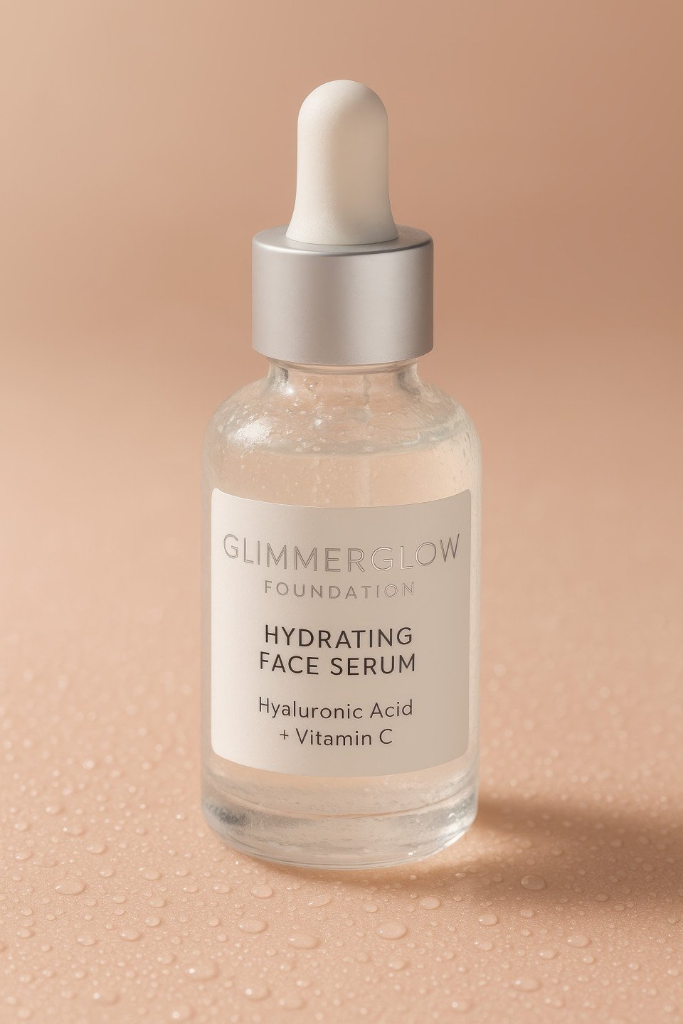 Clear glass serum bottle with white label on dewy nude pink skin backdrop
