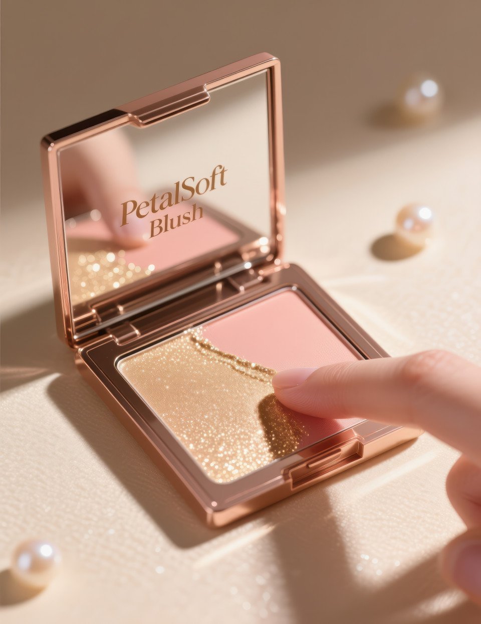 Open highlighter palette with shimmering champagne swatch on finger