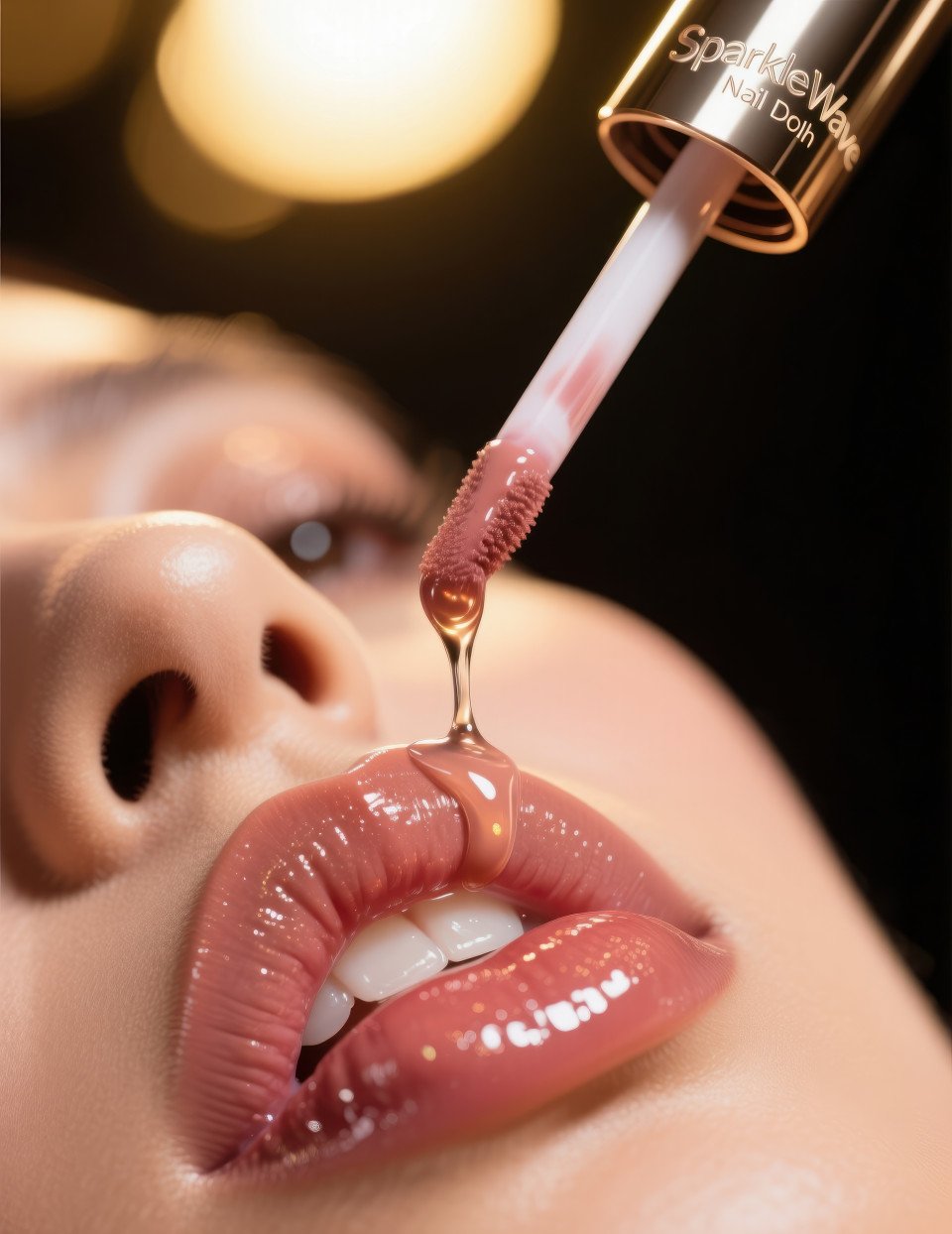 Lip gloss wand above glossy lips with crystal drop about to fall