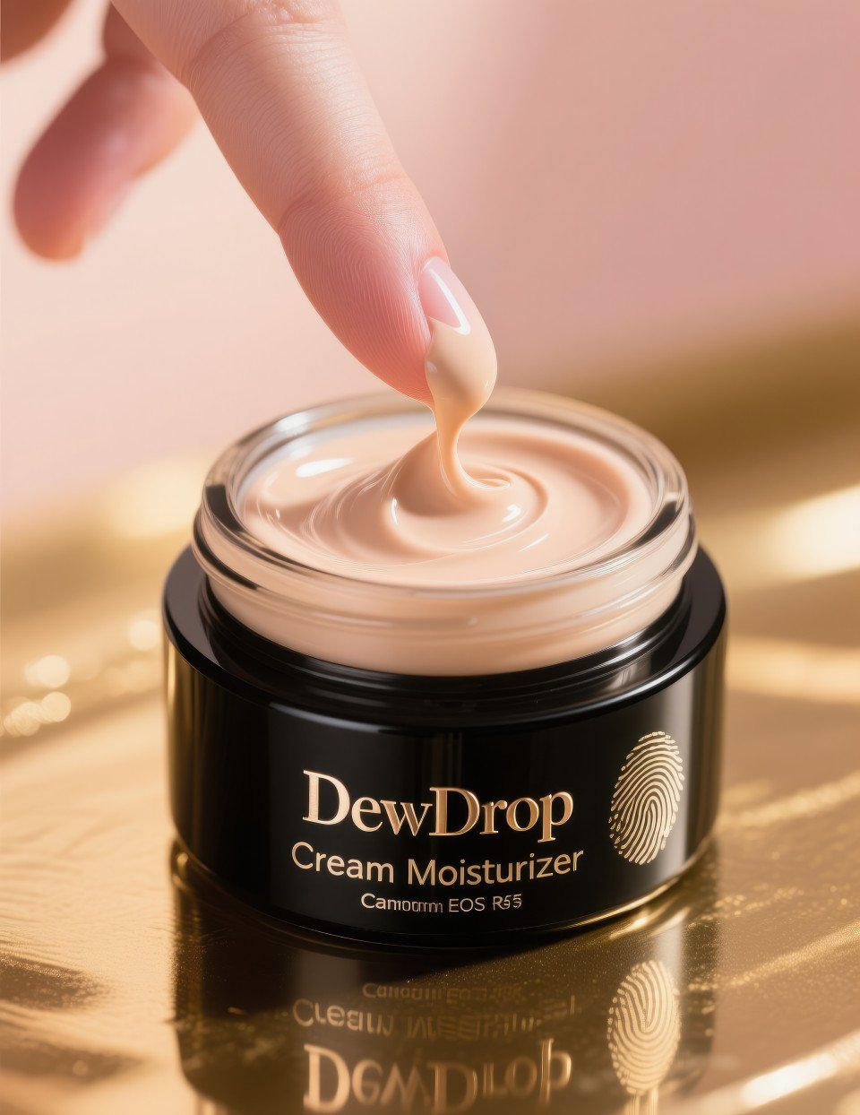 Open cream foundation jar with smooth swirl from fingertip