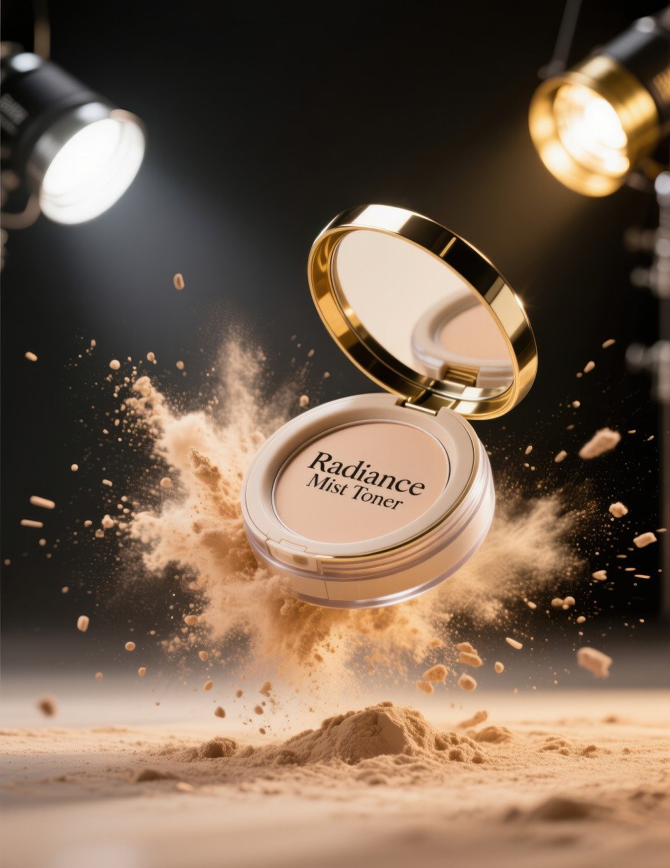 Compact face powder mid air with dramatic golden powder explosion over dark background