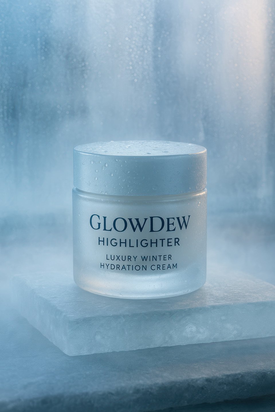 Luxury winter hydration cream jar on frosted glass with cold mist and condensation