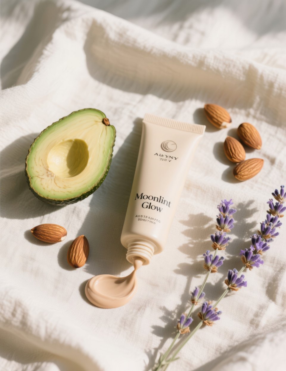 Tinted moisturizer tube in flat lay with avocado