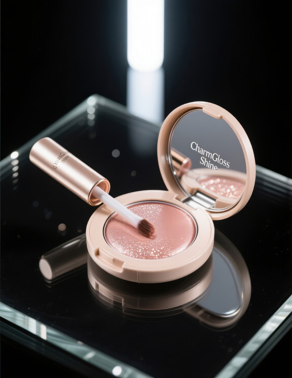 Open makeup highlighter compact on clear glass with shimmering strokes under spotlight
