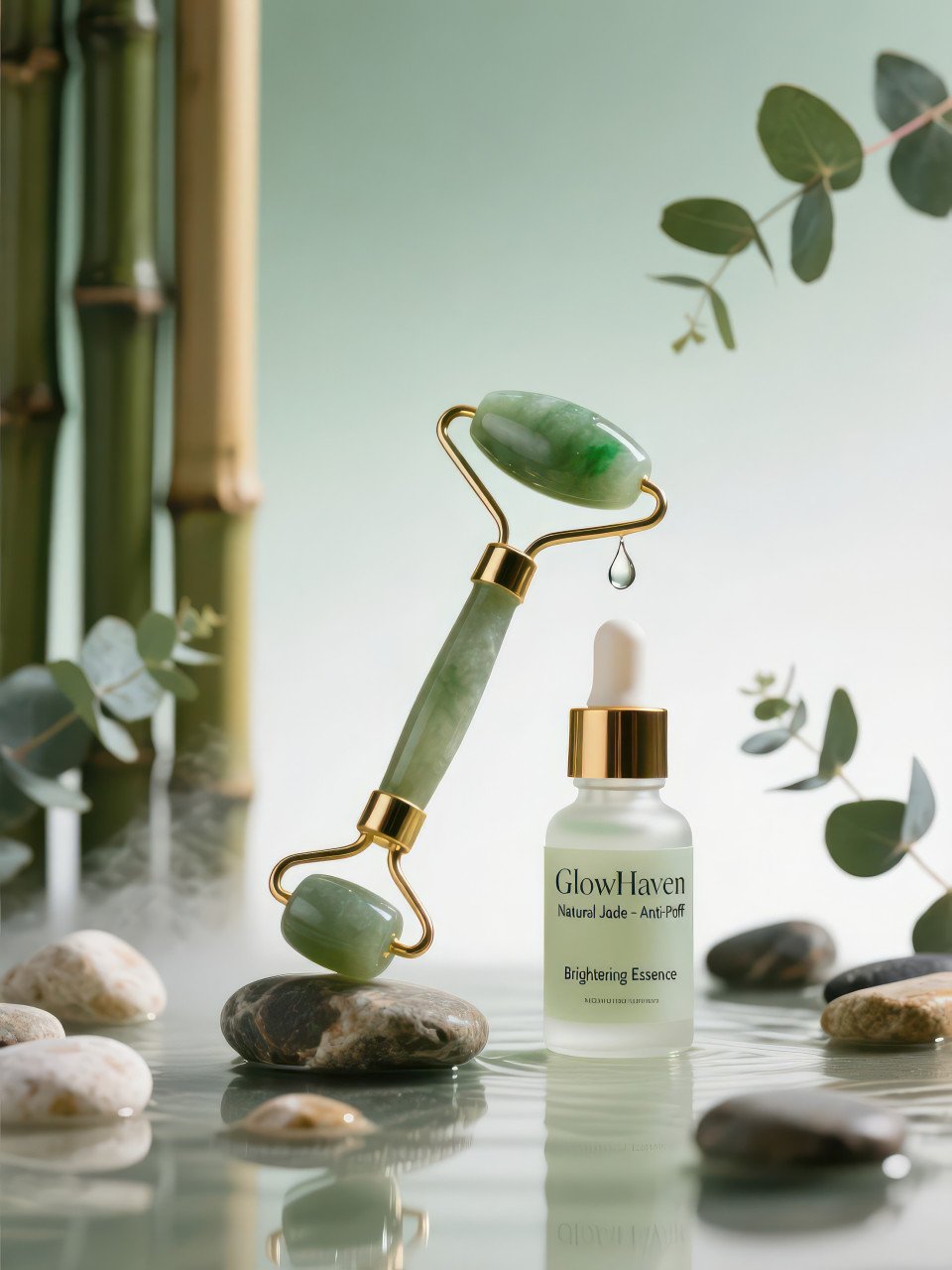 Serene jade roller with golden handles and serum dropper suspended droplet on bamboo and eucalyptus spa setting