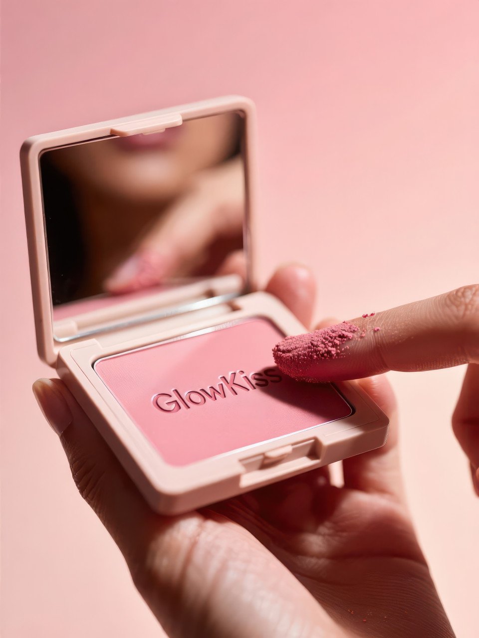 Hand swatching rosy pink blush compact with soft gradient backdrop