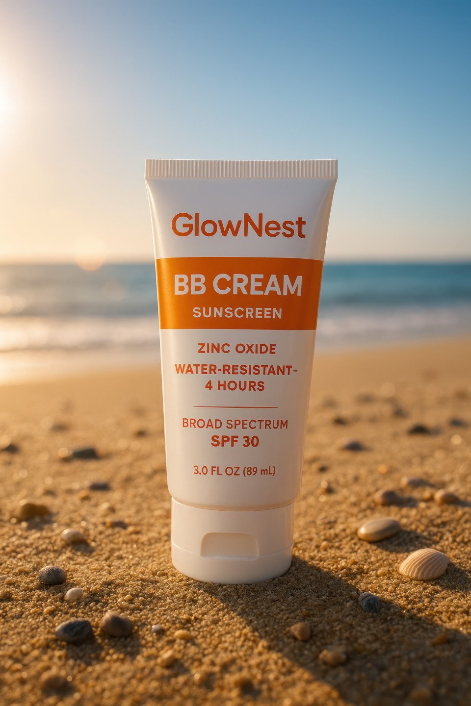 White sunscreen cream tube standing on sandy beach with seashells and pebbles under golden sunlight