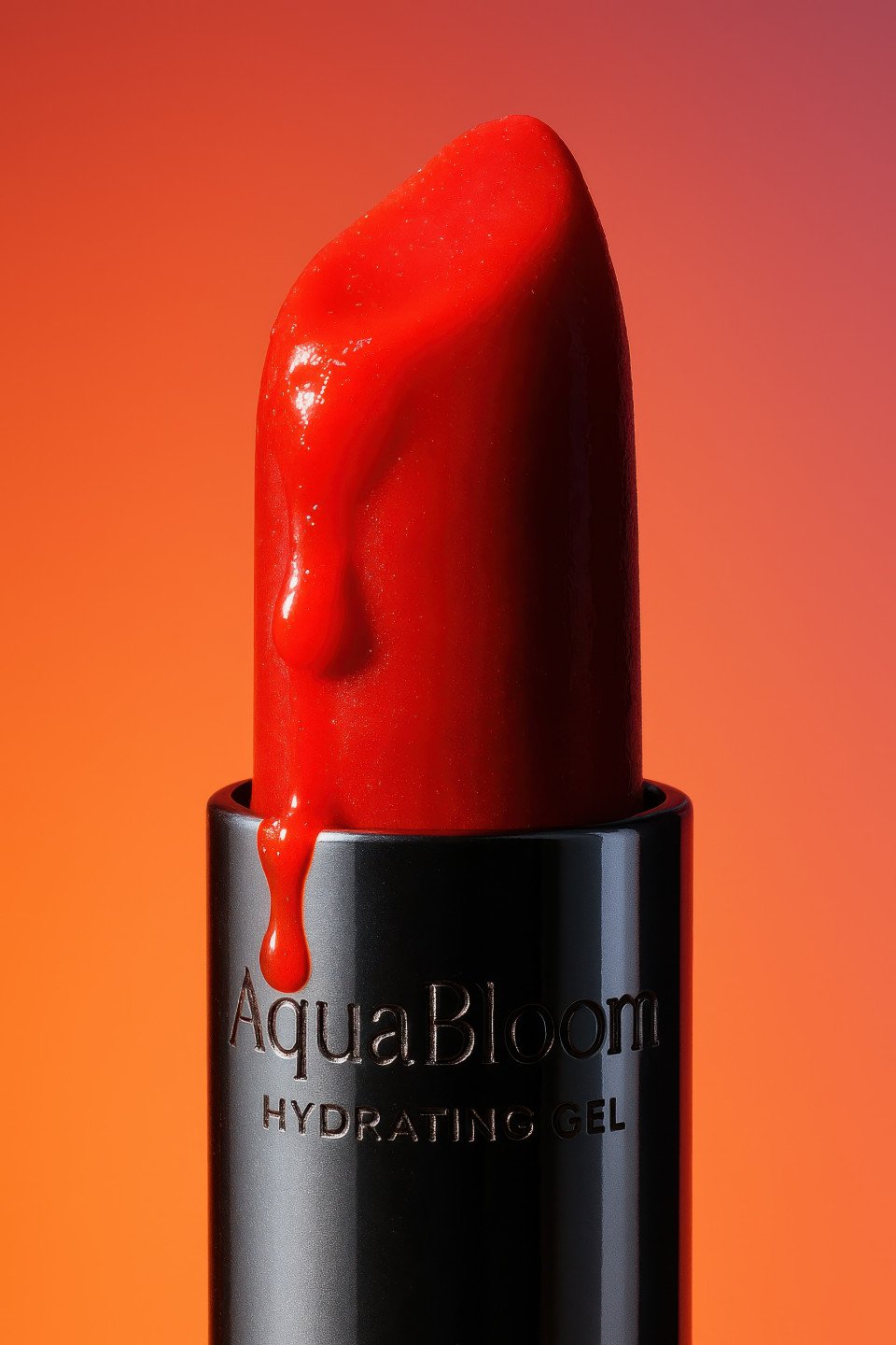 Red lipstick bullet melting at tip under hot light with silver base reflecting bold colors