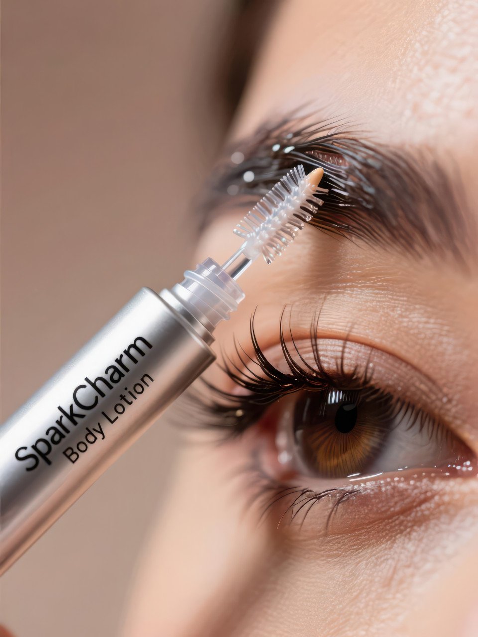Macro view of eyebrow gel wand brushing brow hairs with glossy bristles