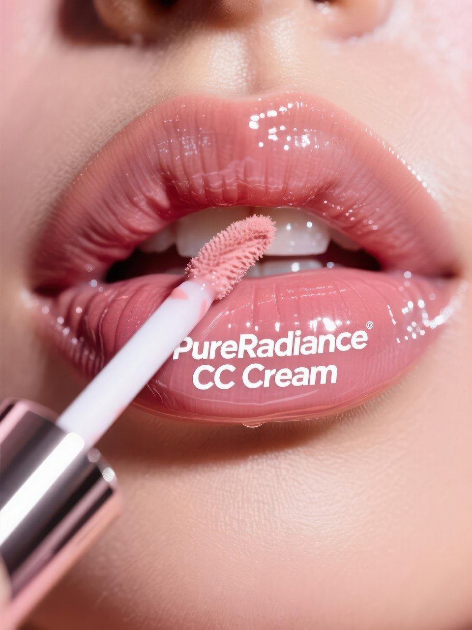 Close up glossy lips with pink nude shine as lip gloss wand applies smooth coat
