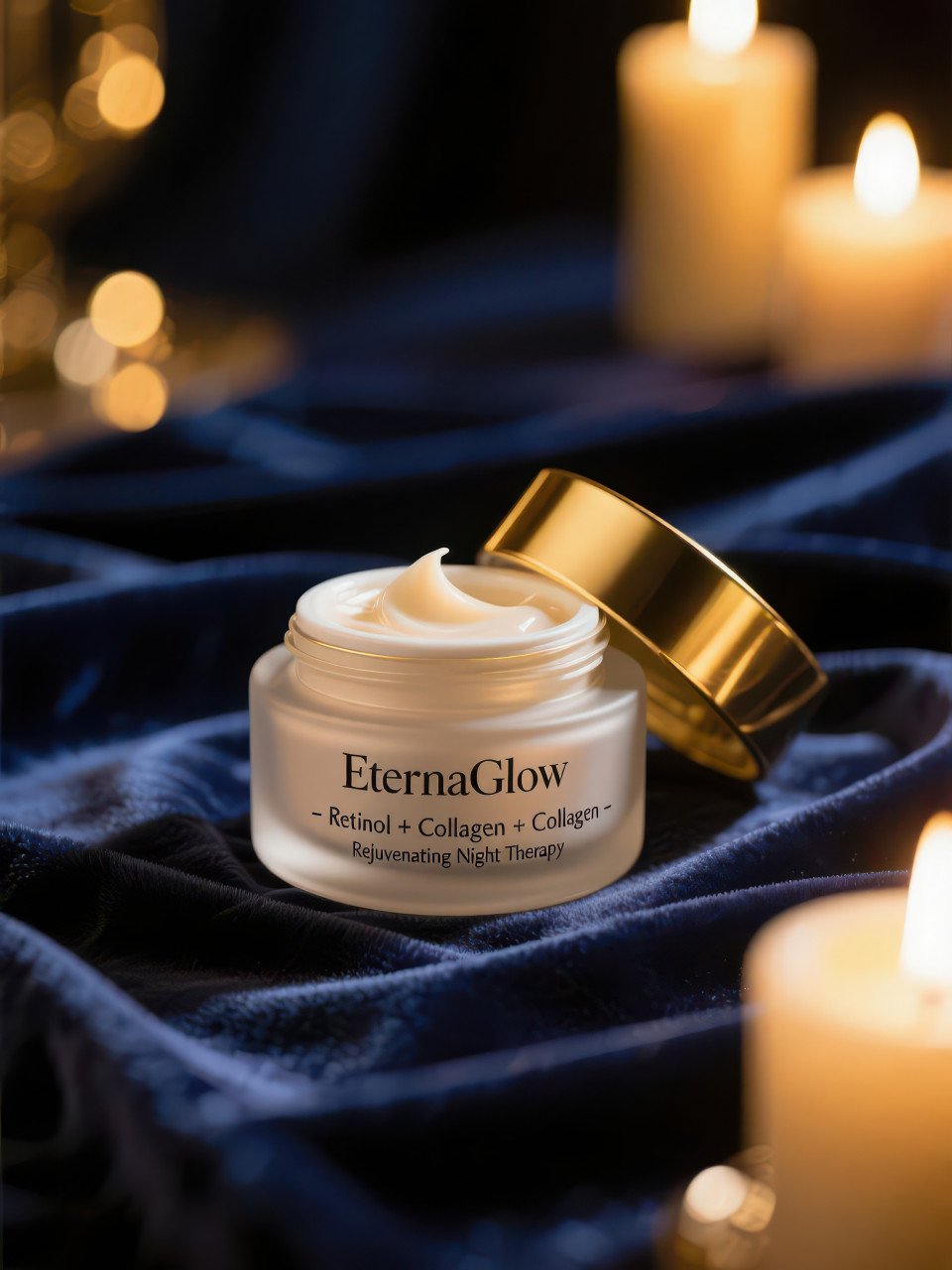 Luxurious night cream jar with golden lid on navy velvet backdrop
