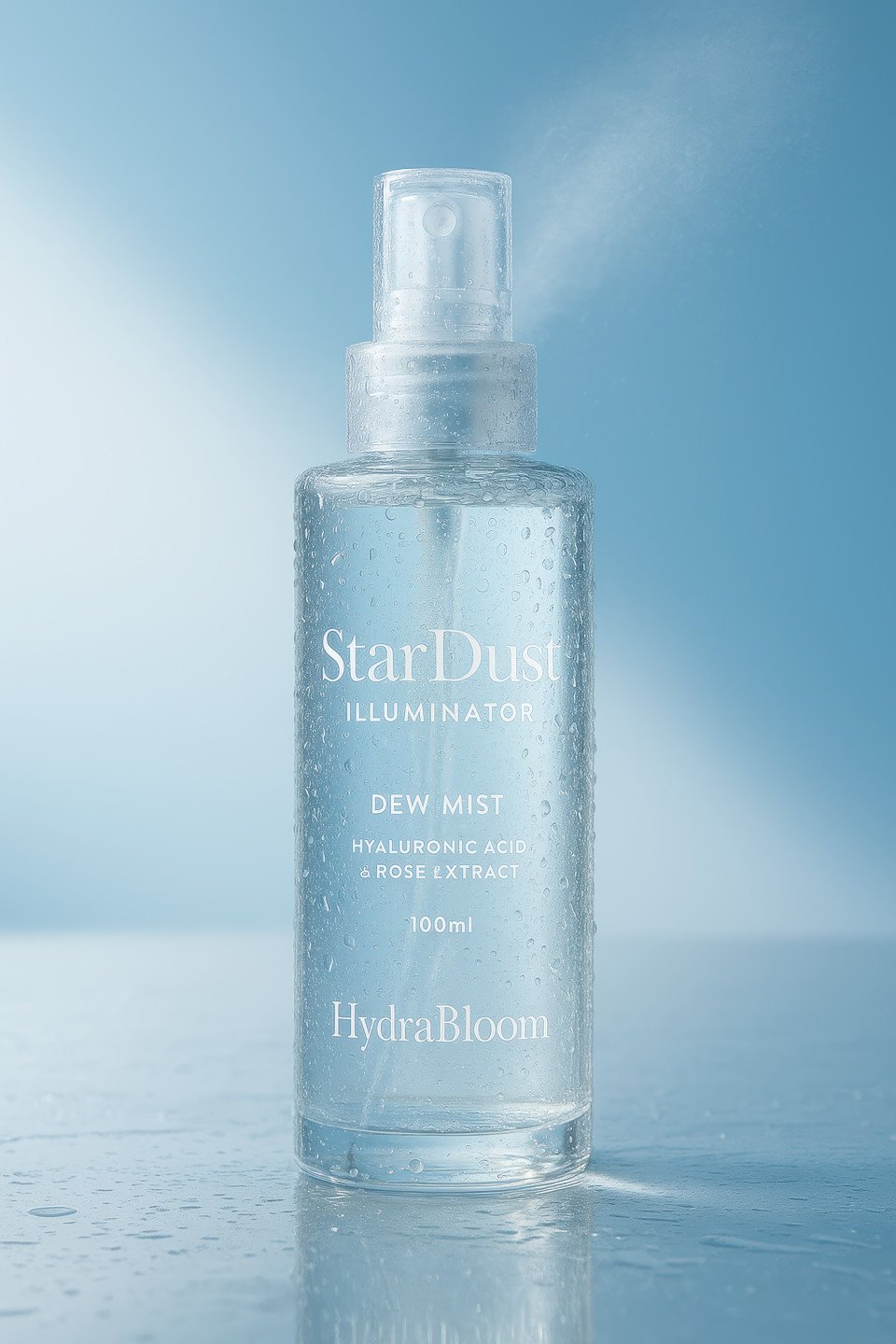 Clear spray bottle with fresh water droplets on glass surface