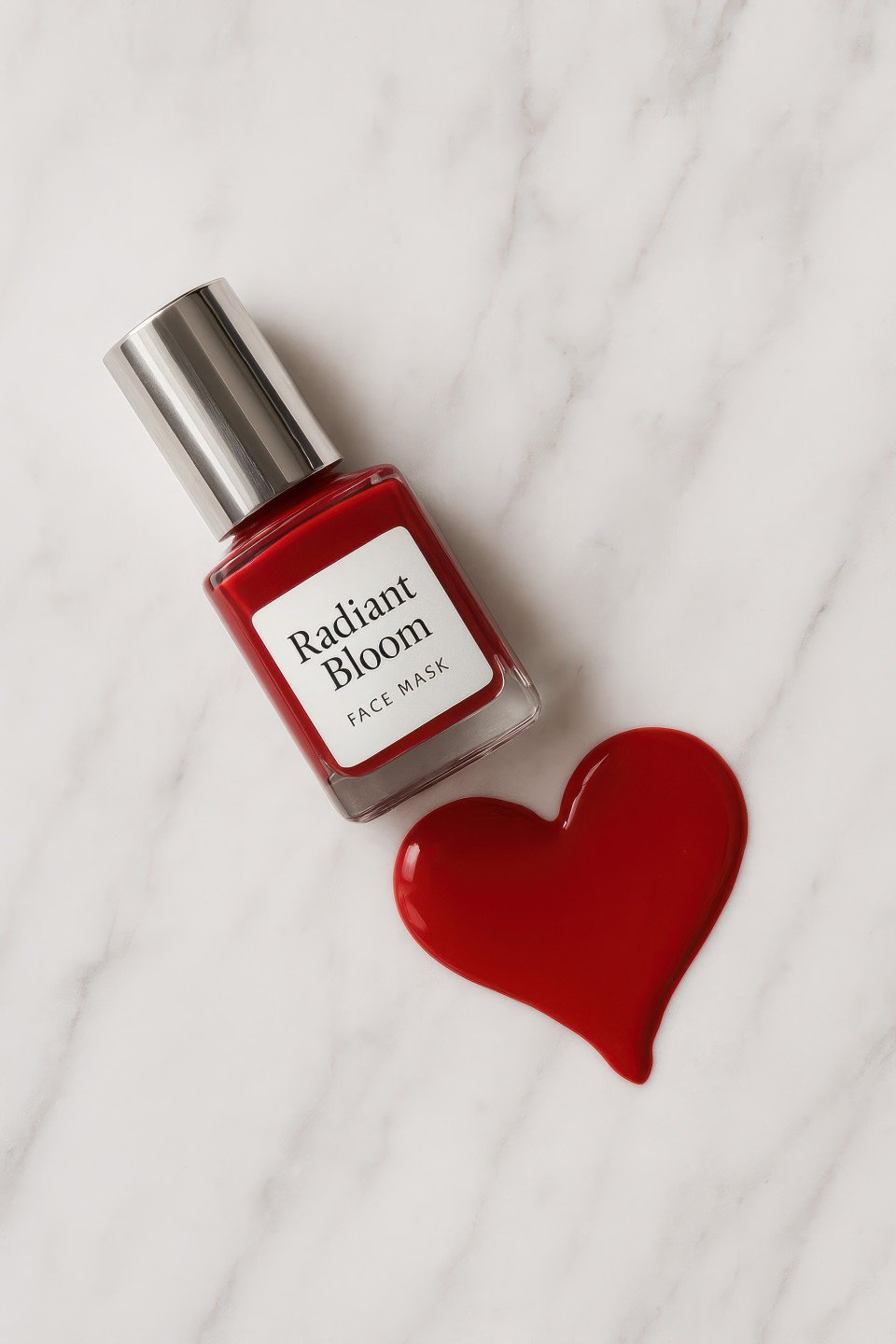 Nail polish bottle spilling red varnish into heart shape on marble slab