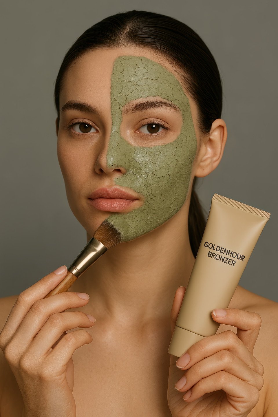 Model applying green clay mask with brush
