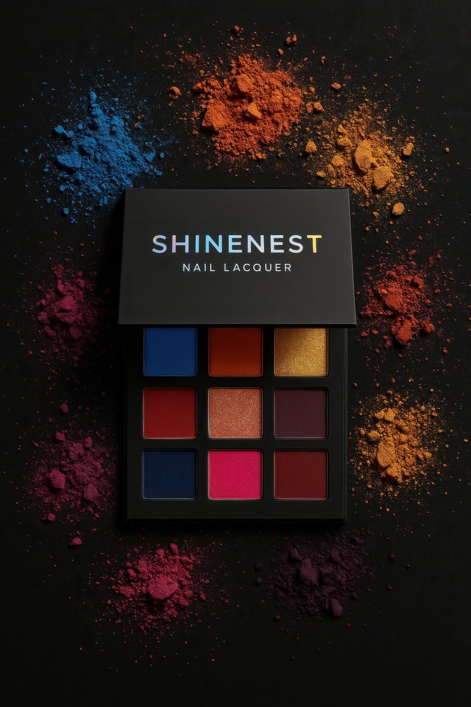 Bold flat lay of open eyeshadow palette with vibrant crushed pigments scattered on black backdrop