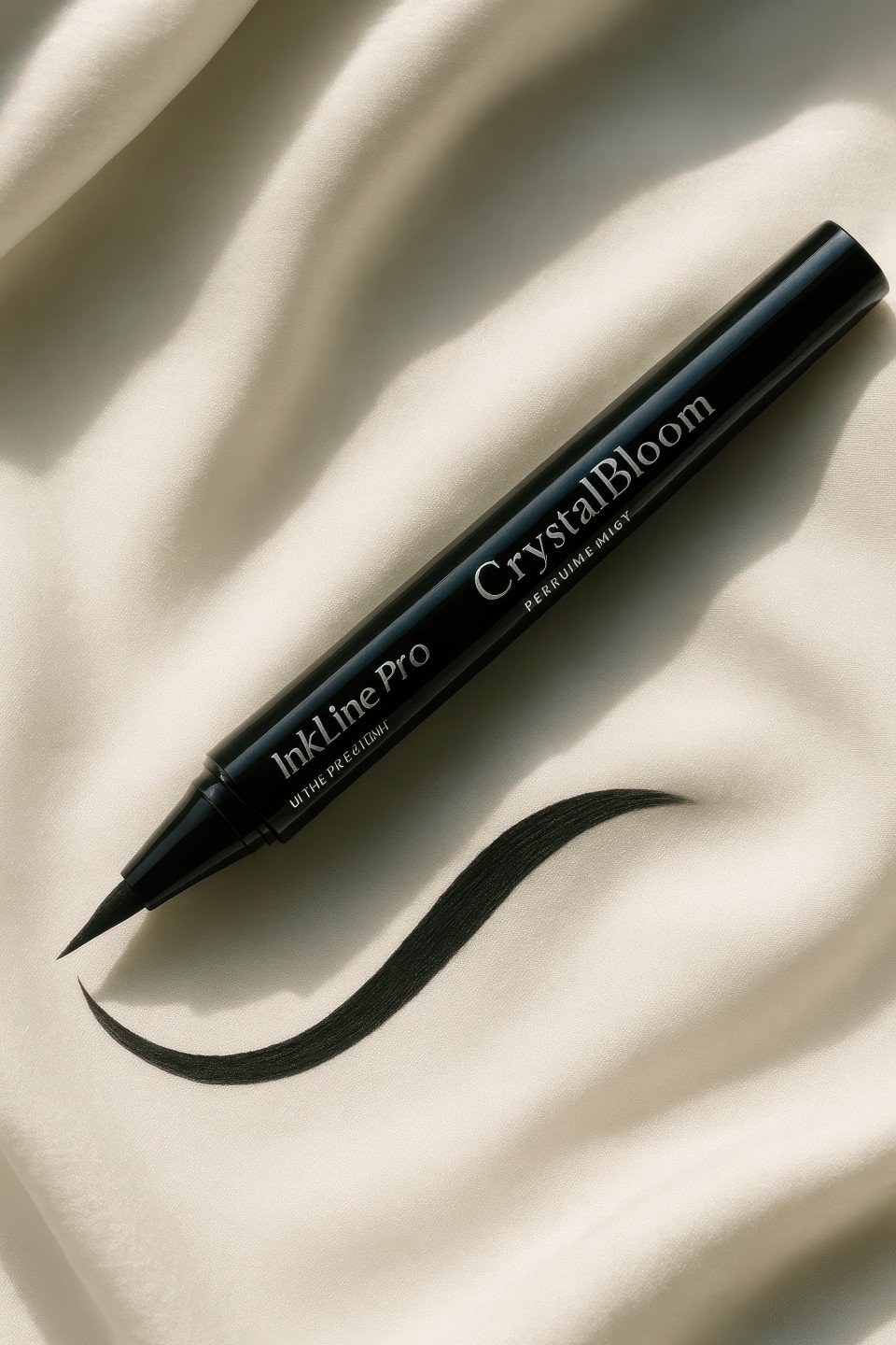 Glossy black eyeliner pen on white silk fabric with bold curved stroke
