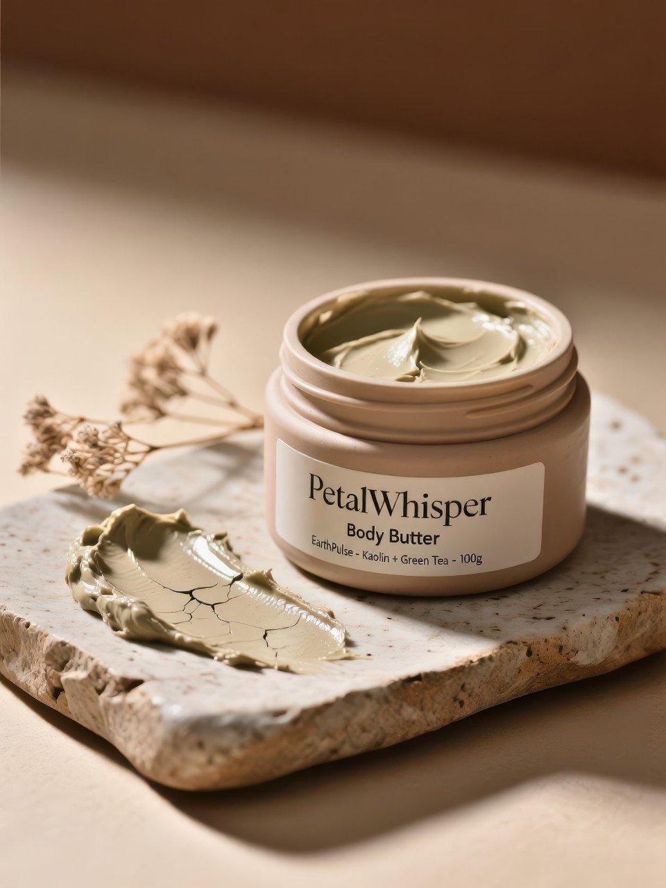 Clay mask jar on handmade ceramic slab with rich textured smear and dried botanicals