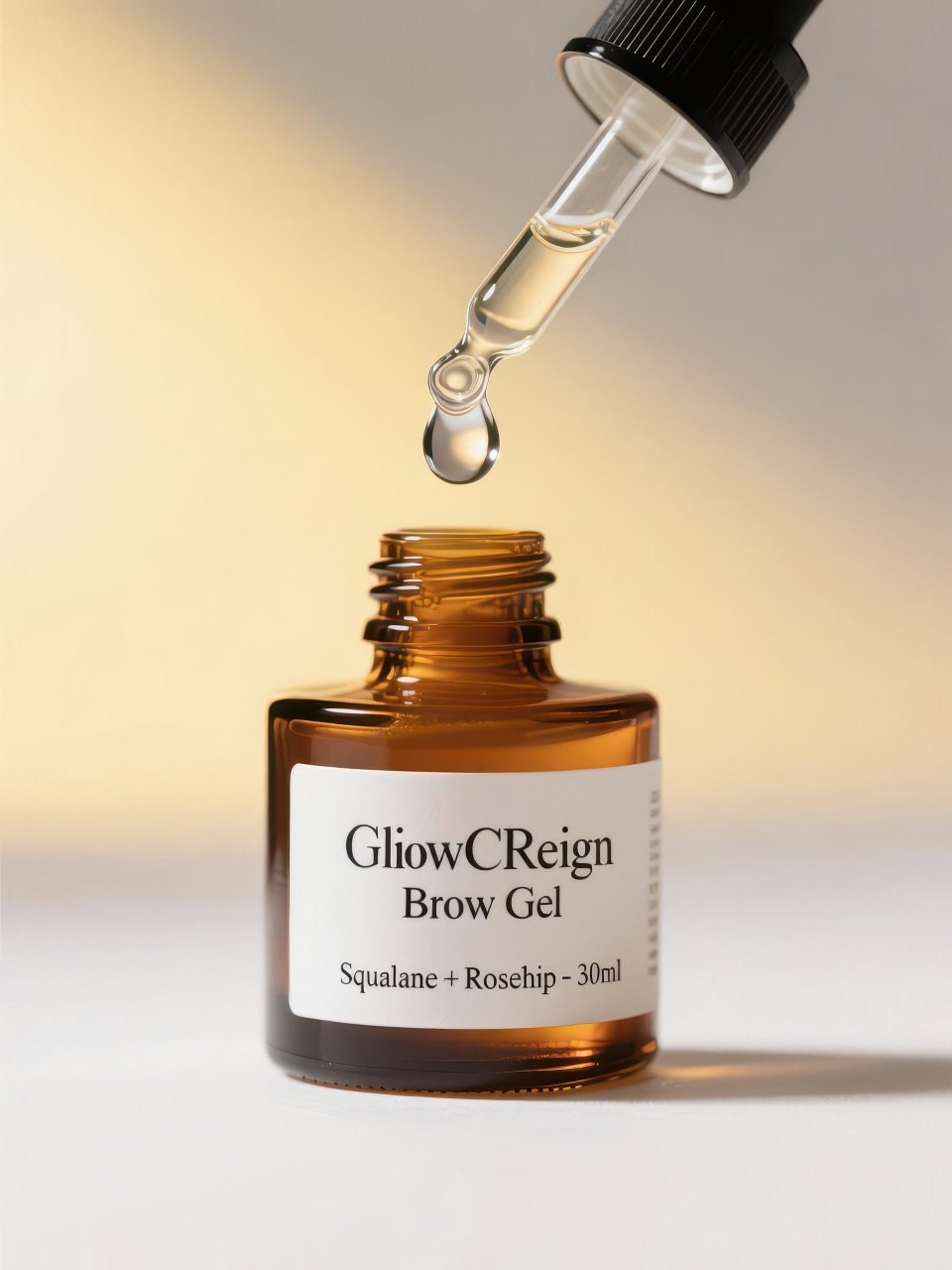 Facial oil bottle with glass dropper releasing suspended droplet in mid air against glowing white backdrop