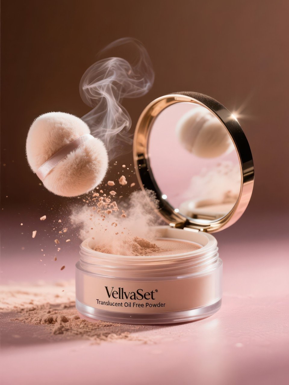 Powder compact tapped by puff releasing soft powder cloud with dramatic motion and smoky detail