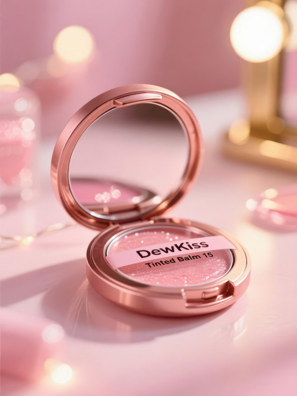 Rose gold compact lip balm with mirror reflecting soft lights
