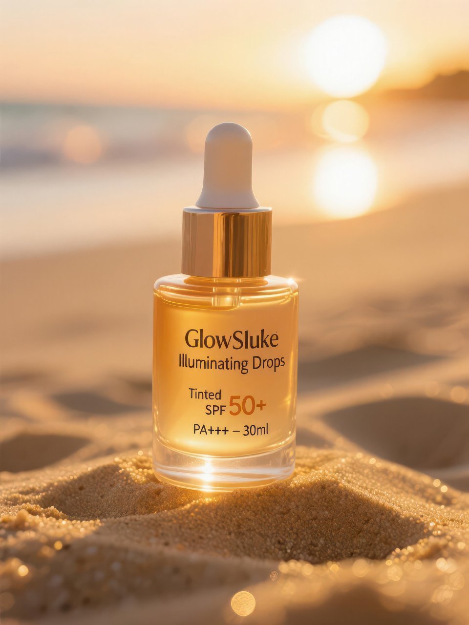 Tinted sunscreen dropper bottle on golden sand glowing at sunset with warm backlight and soft flare
