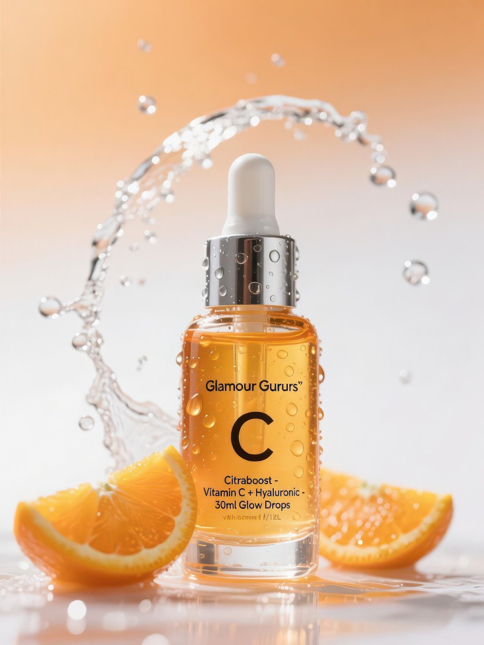Vitamin c serum bottle with citrus water splash and fresh orange slices