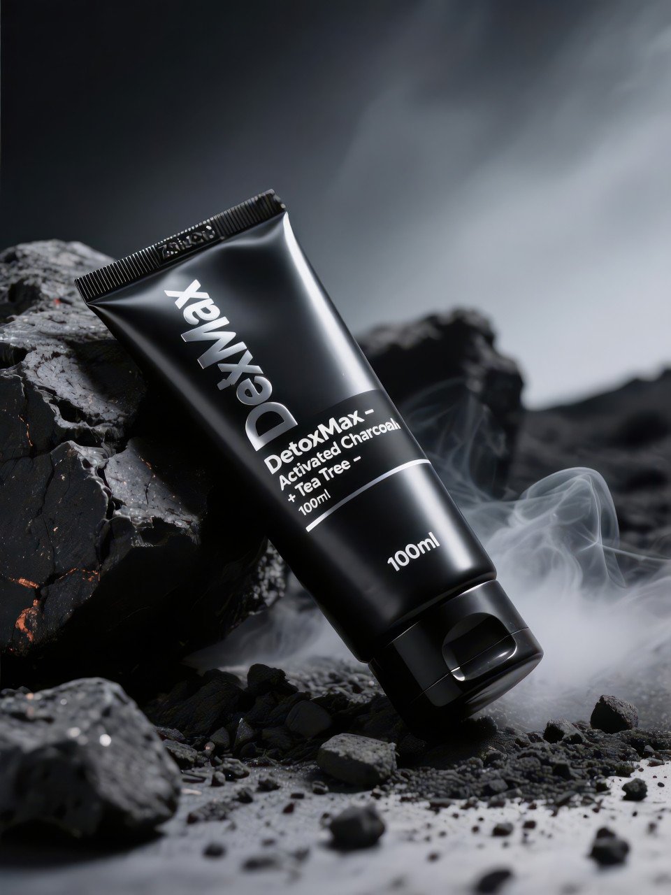Black charcoal mask tube on rugged volcanic rocks with ash and mist