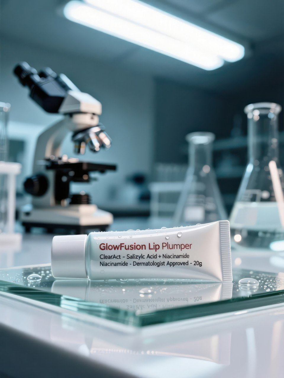 Clean anti acne gel tube on glass with lab tools blurred behind