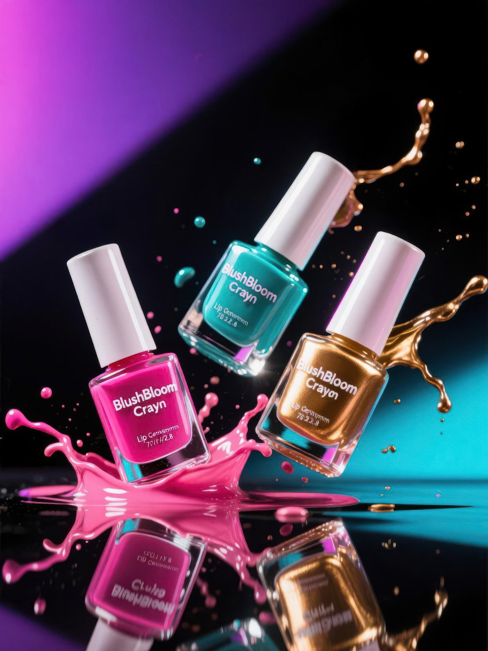 Colorful nail polish bottles fall mid air with glossy splash on black surface