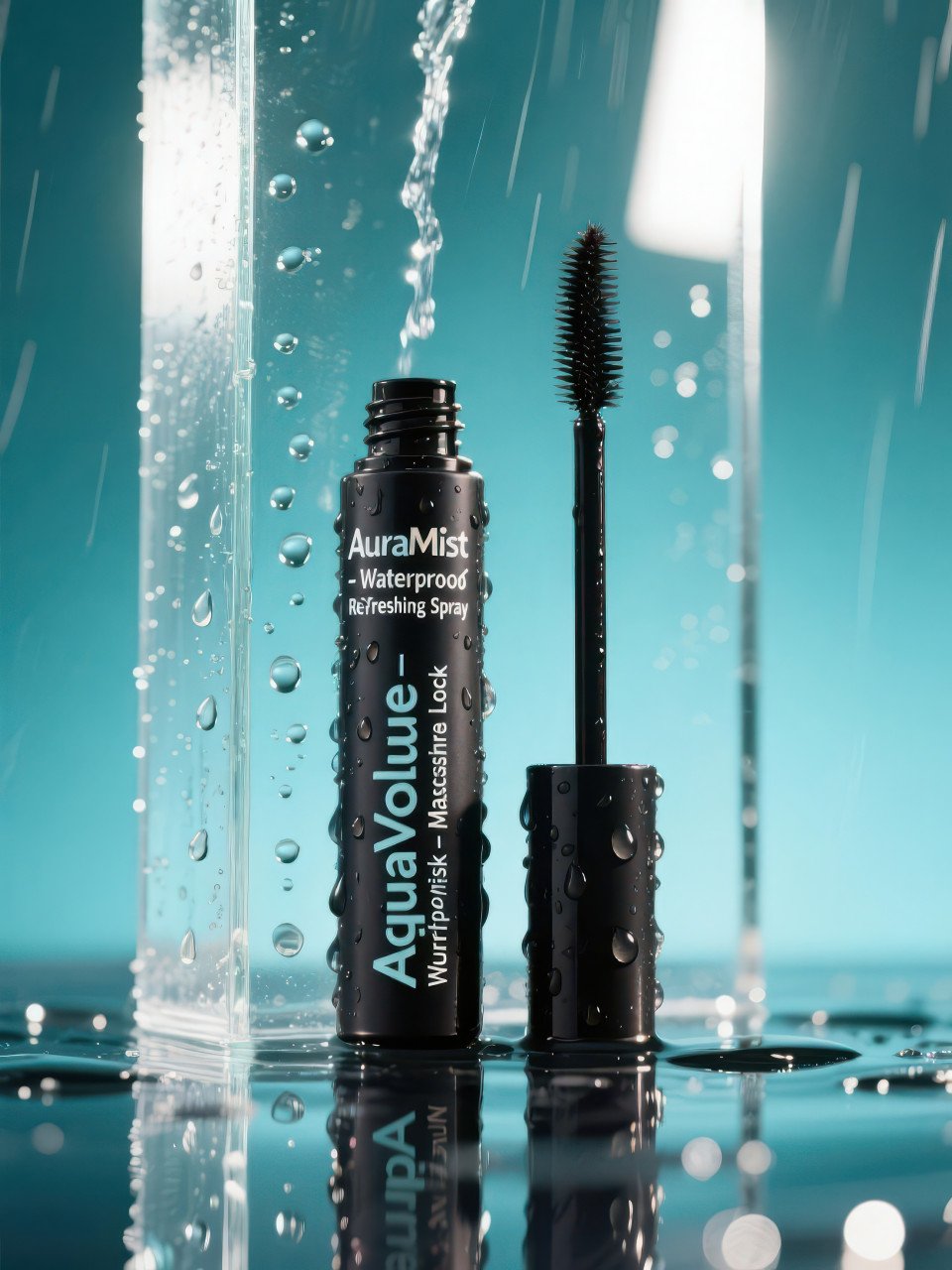 Waterproof mascara wand behind glass with water drops and teal glow