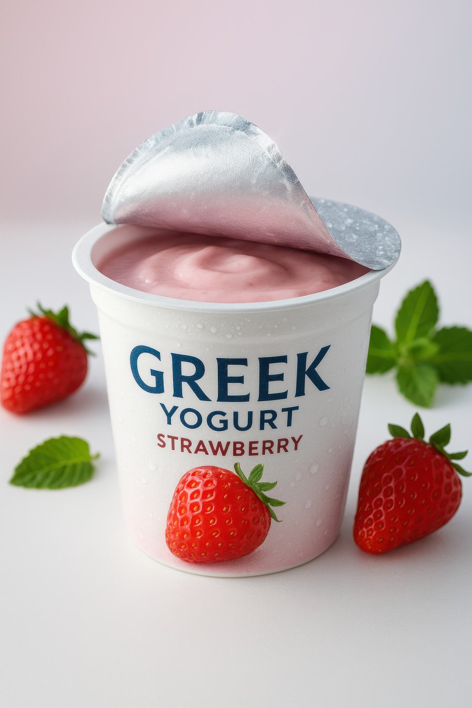 Greek style yogurt cup with peeled lid showing pink strawberry yogurt and mint leaves on clean pastel backdrop