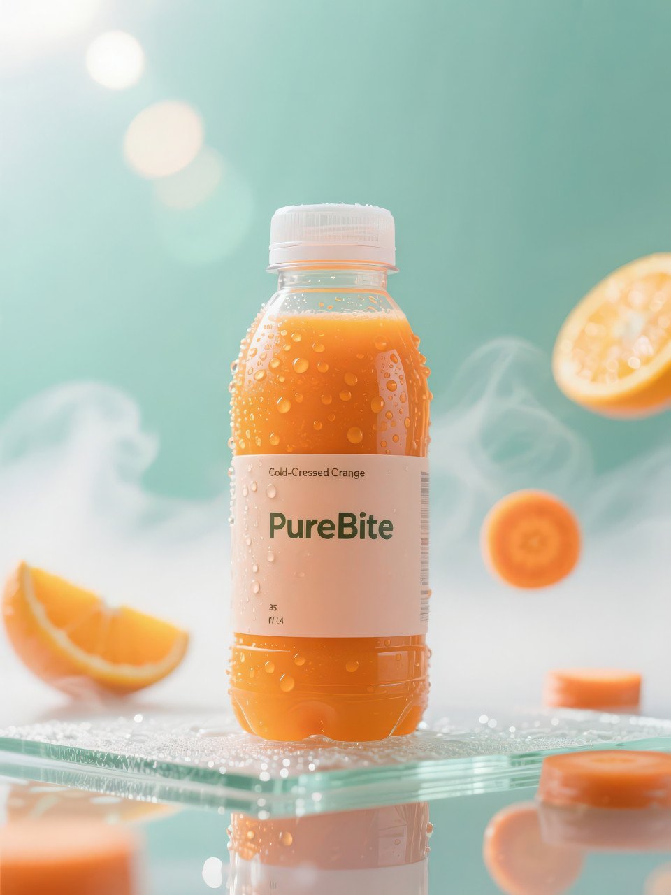 Cold pressed carrot orange juice bottle with condensation