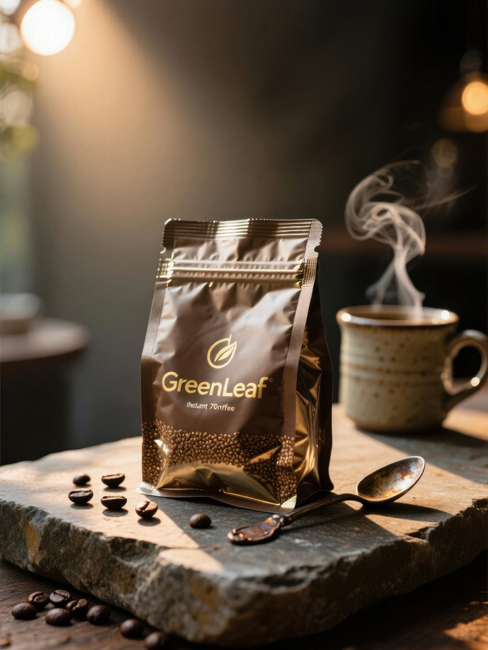 Earth toned coffee pouch with gold foil branding on stone slab with beans