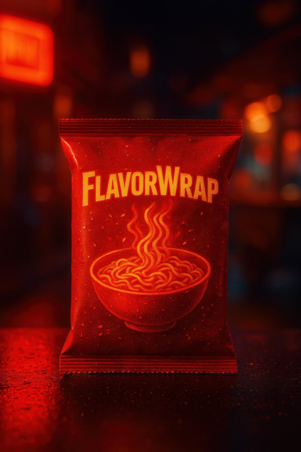 Vibrant red noodle pouch on reflective dark surface with neon lights