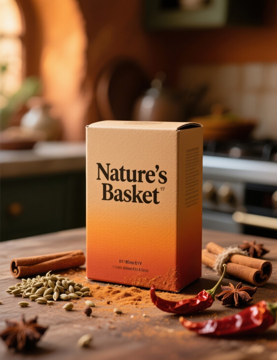 Rectangular spice box with warm earthy tones surrounded by cinnamon