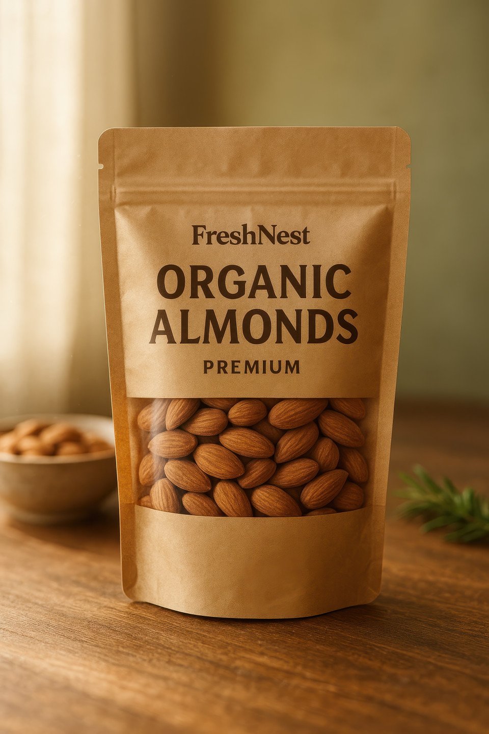Stand up kraft pouch with matte finish and window showing roasted almonds on rustic wooden table in daylight kitchen