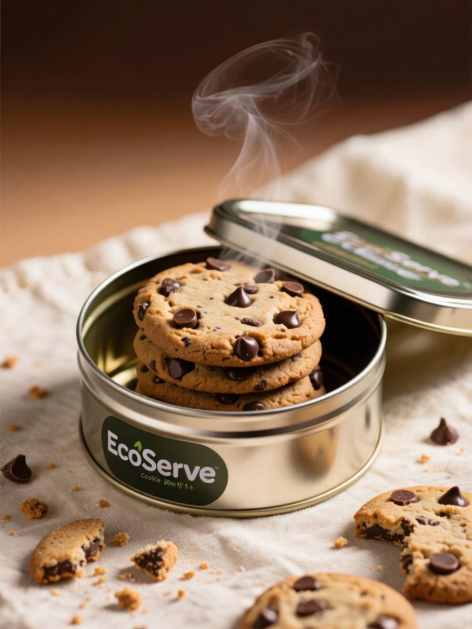 Metallic cookie tin open with stacked chocolate chip cookies on cream linen backdrop with crumbs and warm fresh vibe