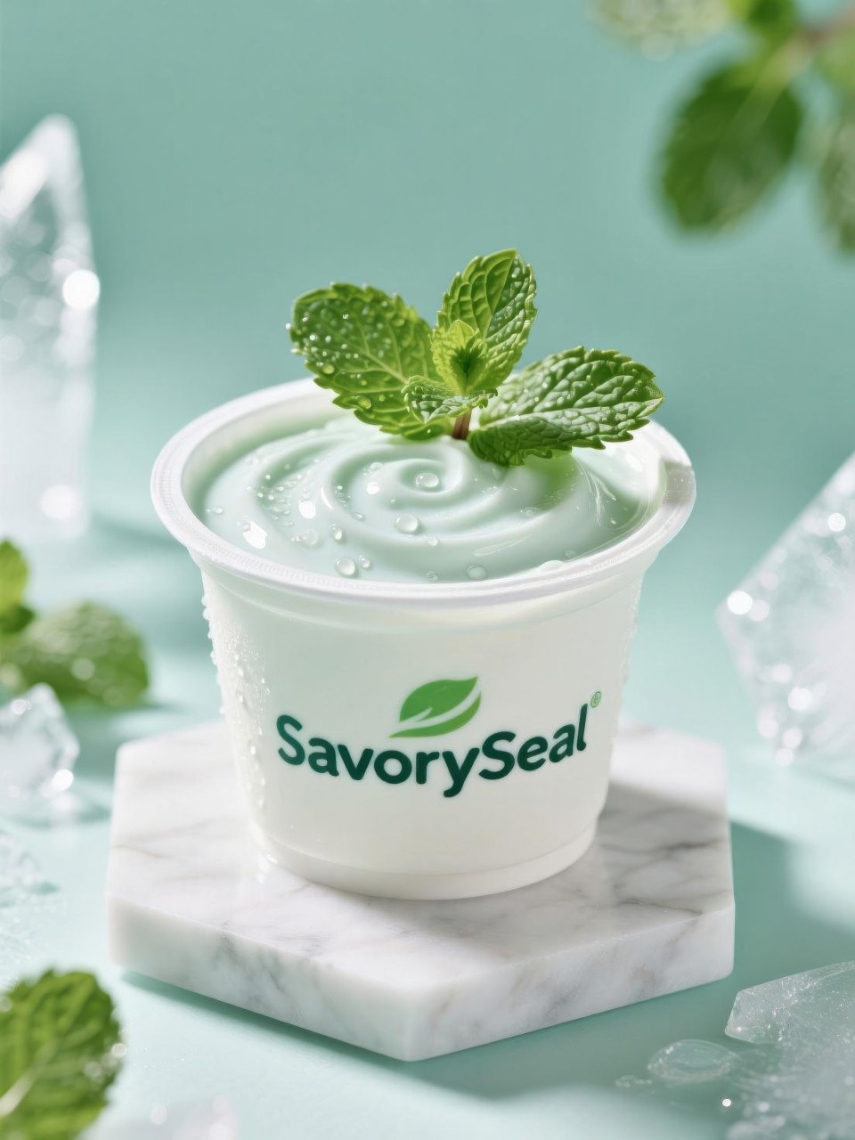 White yogurt cup with mint swirl on marble