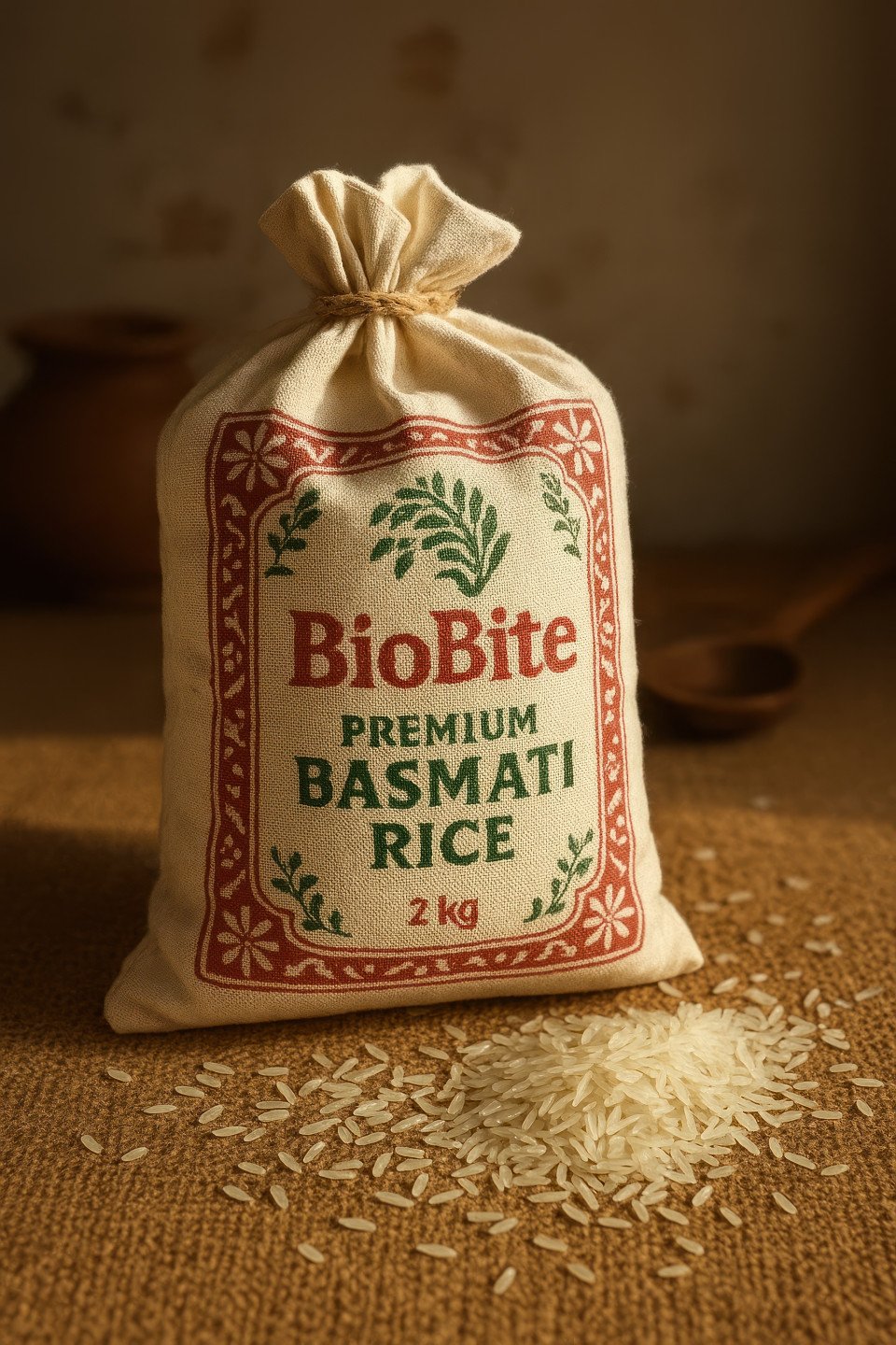 Cotton cloth rice bag with red green prints on jute mat with raw grains and rustic kitchen props in warm morning light