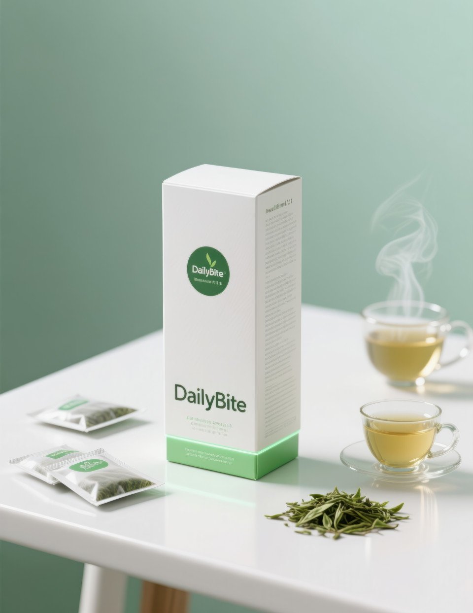 Upright green tea box with sachets