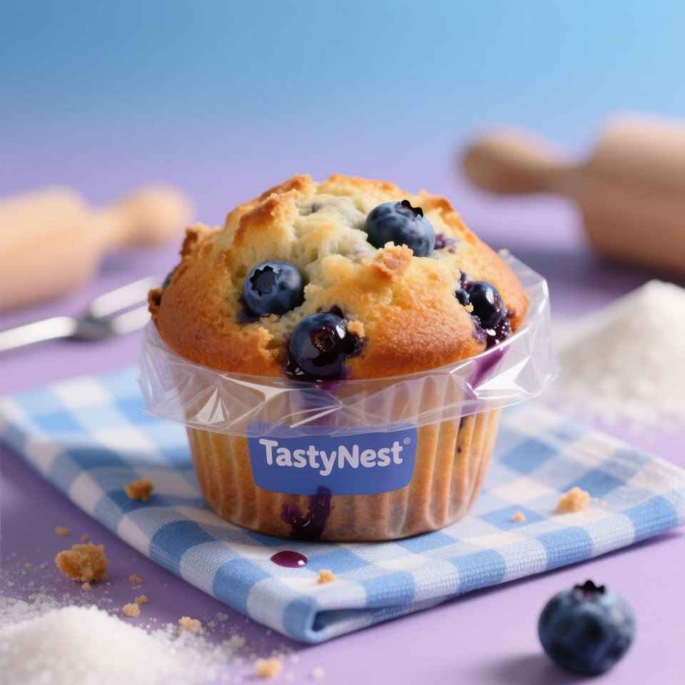 Blueberry muffin in transparent plastic pack on napkin with baking tools blurred behind