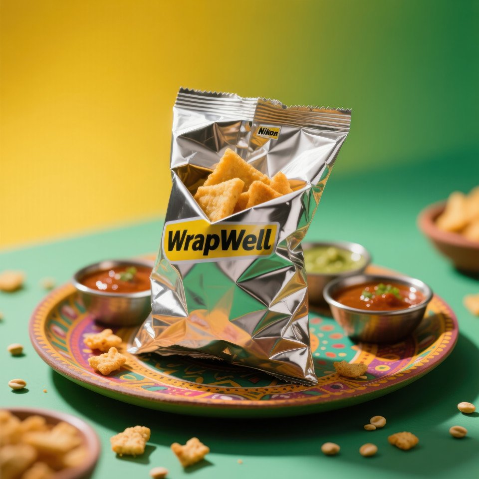 Crinkled pouch of crispy snack with spilled dal pieces on indian tray