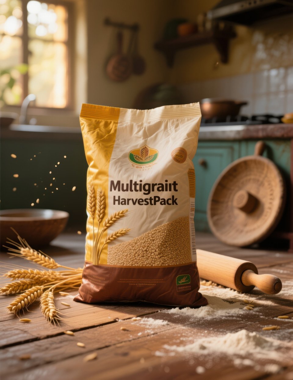 Multigrain flour bag on wooden floor with wheat ears