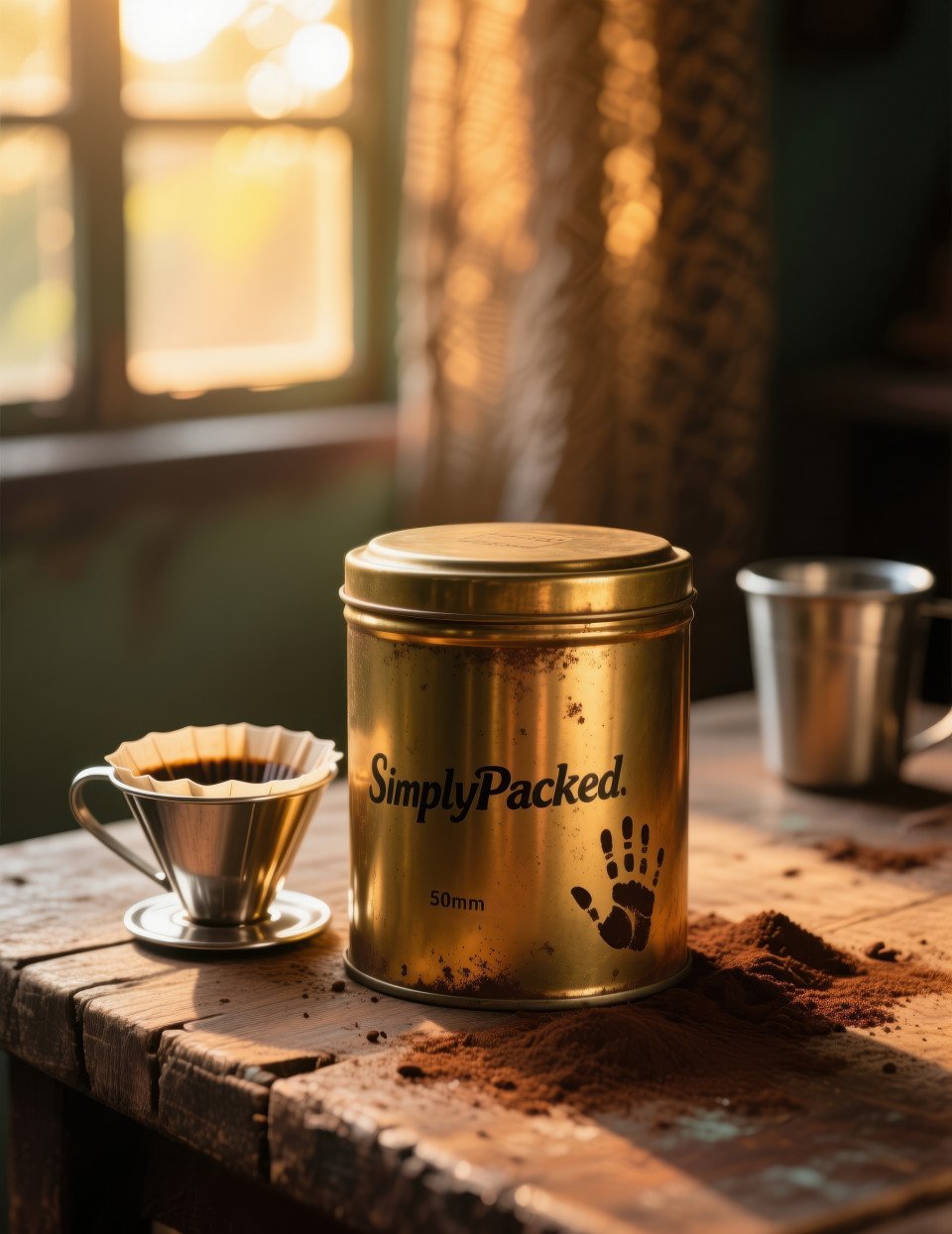 Classic brass filter coffee tin on wooden table with steel tumbler