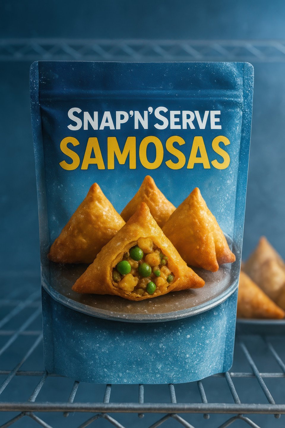 Glossy pouch of frozen samosas with frost crystals on metallic shelf