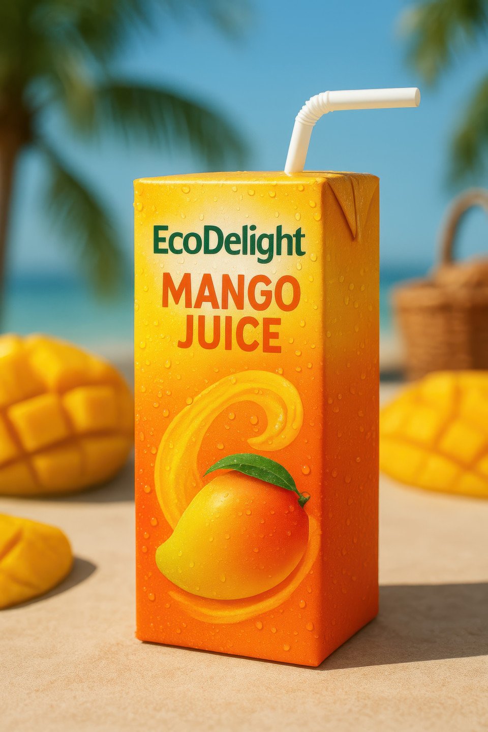 Tropical mango juice box with straw